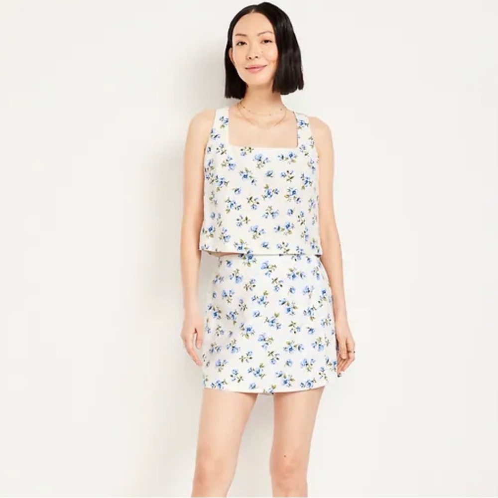 Floral Square-Neck Cami & Skort Set - White with Blue Floral